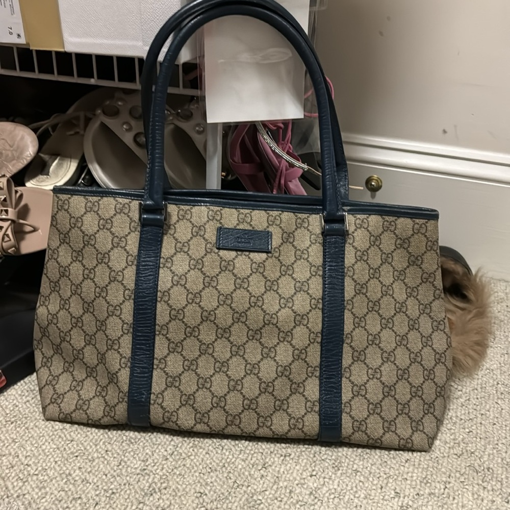 Gucci GG Canvas Tote Bag Beige and Navy